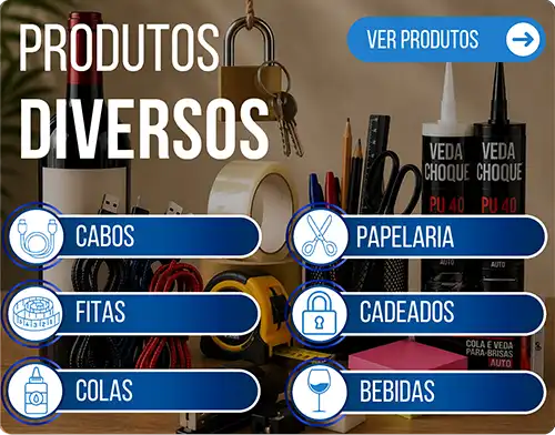 Produtos Diversos - Cabos, Papelaria, Fitas, Cadeados, Colas e Bebidas